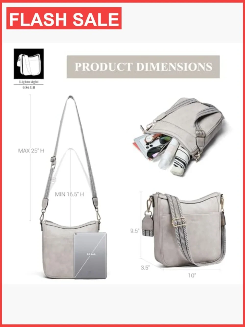 Vegan Leather Hobo Crossbody Bag with Adjustable Strap, Multi-Pockets, Zip